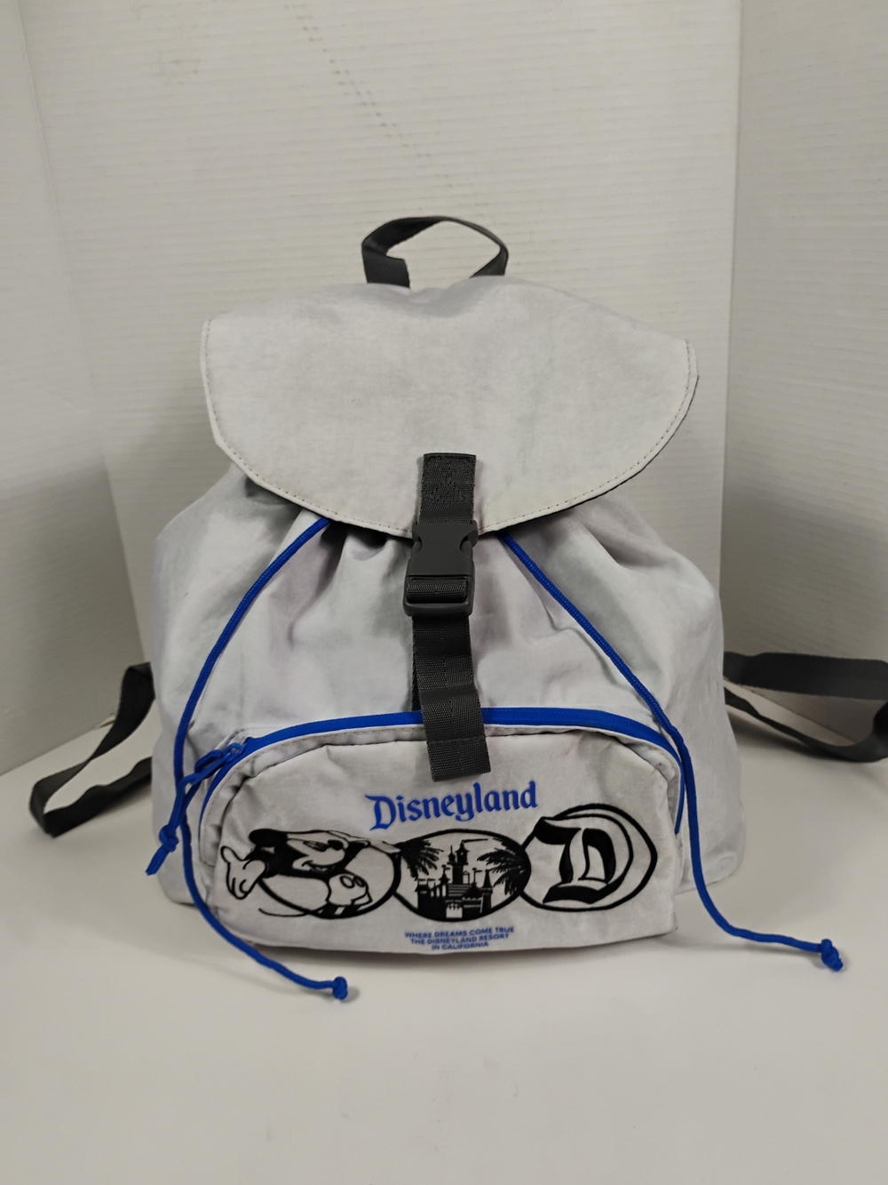 Disney Gray and Blue Drawstring Backpack with Front Pocket